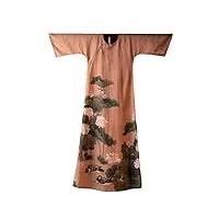 hangerfeng robe d'été rétro à col rond chinois hanfu avec manches mi-longues et imprimé ramie, marron doré, l-xl