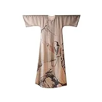 hangerfeng robe d'été rétro à col rond chinois hanfu element manches mi-longues ample en mélange de ramie imprimé robe 169, marron clair, s-m