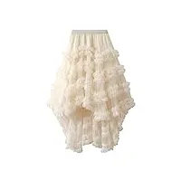 jupe longue en tulle pour femme taille haute couleur unie bordure à volants jupe midi, beige hi-lo, taille unique