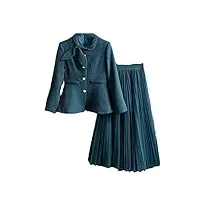 uioklmjh femmes vintage Élégant blazer plissé jupe costume dame automne hiver bureau travail tenue de soirée dark blue s