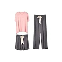 pyjama de sport ensemble de pyjama en coton pour femme ensemble de pyjama doux à col rond 3 pièces t-shirt short pantalon homewear (couleur : rose, taille : taille unique) (rose taille unique)