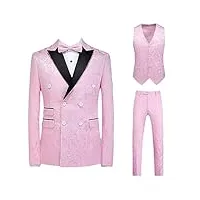 aoleaky costume 3 pièces slim fit pour homme avec revers noir à motifs, veste de banquet de mariage, veste avec pantalon, rose, taille xl