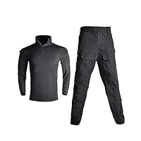 costume militaire camouflage, poches multiples, pantalon avec coussinets ceinture tactique militaire, ceinture noire g3, xxl