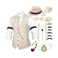 hestya tenue des années 20 pour homme avec gilet chapeau fédora bretelles nœud papillon montre de poche vintage (beige, m)