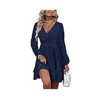 mafa femmes robe tunique mini robe col en v automne hiver longueur au genou casual retro respirant bleu l