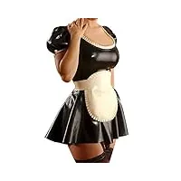podsi noir et blanc manches courtes bouffantes robe sexy en latex de femme de chambre française avec tablier en caoutchouc uniforme moulante combishort lyq-0277, violet avec blanc,s