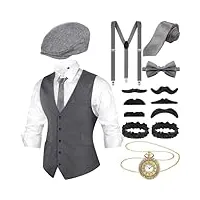 blulu set d’accessoires de costumes pour hommes des années 1920 gilet chapeau gavroche montre de poche cravate (gris, l)