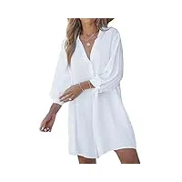 cupshe robe chemisier pour femme avec col en v et manches longues - robe chemise ample boutonnée sur le devant - robe de plage décontractée, blanc, s