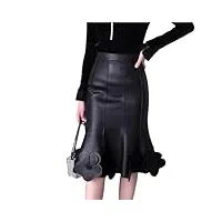 saeohnssty jupe en cuir véritable pour femmes, taille haute, fleurs 3d, couleur noir et blanc, jupe plissée en queue de poisson contrastée