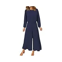 fancyinn combinaisons 2 pièces pour femmes - chemise longue basique pantalon taille haute combinaisons bleu foncé xl