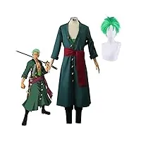 roronoa zoro costume de cosplay avec perruque verte, après 2 ans, costume kimono wano country zorro vert, manteau + pantalon + ceinture + turban + boucles d'oreilles, costume d'halloween pour les fans
