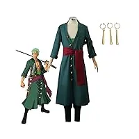 roronoa zoro costume de cosplay avec perruque verte, après 2 ans wano country zorro vert kimono costumes, manteau, pantalon, ceinture + turban + boucles d'oreilles, costume d'halloween pour les fans