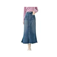 rehjjdfd jupe midi longue en jean taille haute pour femme avec ourlet à pompons bleu, bleu jean, 44