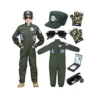 tacobear déguisement pilote avion de chasse enfant aviateur combinaison tenue avec chapeau gants lunettes de soleil deguisement carnaval halloween costume militaire pour garçon (140, 8-9 ans)