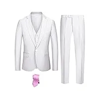 hihawk costume 3 pièces pour homme avec tissu extensible, coupe ajustée, ensemble blazer à un bouton, veste, gilet et pantalon avec cravate., blanc pur, taille xl