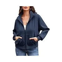 ebifin sweat-shirt zippé pour femme, sans capuche, veste de mi-saison, veste d'été avec poche., bleu marine, m