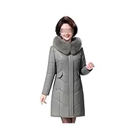 manteau long en cuir pour femme hiver mode mère Épais col en fausse fourrure à capuche veste de remplissage en laine pour femme, gris, xl