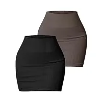 aieoe 2 pieces jupe crayon femme sexy courte tricotée slim fit côtelée party clubwear taille s noir + marron