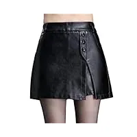 lmtossey jupe-short asymétrique en cuir synthétique avec boutons pour femme - taille haute extensible - cache-hanches, noir , m (taille courte)