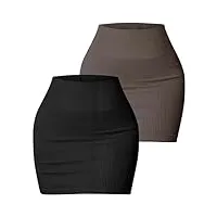 feoya femme côtelé mini jupe solide été midi jupe crayon jupe courte noire extensible pour bureau décontracté noir + café size m