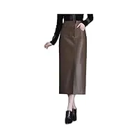 erfmfkl jupes fines en cuir pu avec poche pour femmes, jupe crayon vintage taille haute pour le travail, jupe marron, 44
