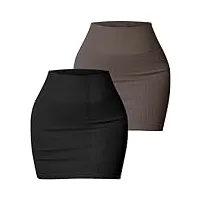 seaur femme mini jupe courte taille elastique jupe crayon sexy jupe en tricot extensible jupe côtelé moulante s noir+marron