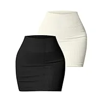 seaur femme jupe courte décontracté Élegant jupe extensible skirt mini jupe taille haute tricotée côtelée m noir+blanc