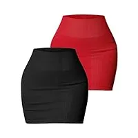 seaur femme jupe courte décontracté Élegant jupe extensible skirt mini jupe taille haute tricotée côtelée m noir+rouge