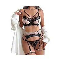 evelife ensemble lingerie femme avec porte-jarretelles 4 pièces sexy dentelle sous-vêtements avec jarretelles de cuisse taille haute sans bas (noir+beige,m)