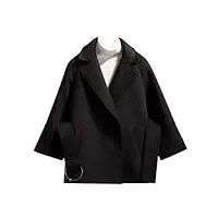 manteau court décontracté pour femme, couleur unie, manteau ample pour femmes, manteau à revers kaki pour femmes, manteau court en laine, veste ceinture, noir , s