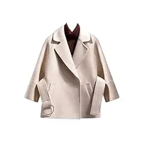 manteau court décontracté pour femme, couleur unie, manteau ample pour femmes, manteau à revers kaki pour femmes, manteau court en laine, veste ceinture, beige, xl