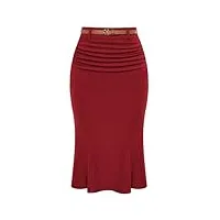 belle poque jupe crayon midi plissée sur le devant des années 1950 avec ceinture pour femme, rouge, 40