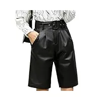 saeohnssty femmes en cuir véritable midi long noir shorts taille haute ceinture bermuda décontracté jambe large punk pantalons chauds