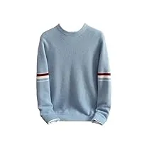 pull à col rond 100 % cachemire pour homme - pull d'hiver épais tricoté - pull jacquard rayé, bleu clair, xxl