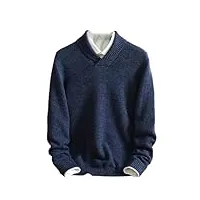 pull à revers châle 100 % cachemire pour homme hiver double brin épais tricoté, bleu foncé ab, l