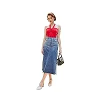 jupe trapèze pour femme, jupe en jean des années 50 avec fente, jupe élégante, jupe en jean avec dégradé de couleurs, jupe trapèze taille haute, bleu jean et blanc l