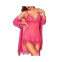 rslove nuisette sexy femme robe de nuit lingerie babydoll avec g-string ensemble lingerie dentelle feminin 3 pièces rose l