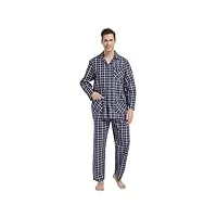 global ensembles de pyjama homme long vetements de nuit 100% coton pantalon manche longue boutonné pjs,carré bleu 1,xl