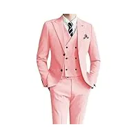 costume 3 pièces pour homme - coupe ajustée - blazer à double boutonnage - veste gilet et pantalon - couleur unie - smoking décontracté - pour mariage, bal de fin d'année, fête, rose, 6xl