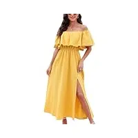 cupshe robes d'été pour femmes, robes trapèze, épaules dénudées, robe maxi à volants, robe imprimée tropicale, jaune, taille xl