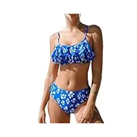 cupshe ensemble de bikini deux pièces pour femme - taille mi-haute - bas froncé - col rond - maillots de bain à volants - crochet dans le dos, bleu/motif floral, taille xs