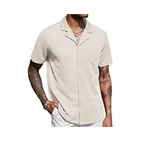 coofandy chemise à manches courtes pour homme, col cubain, chemise décontractée en tricot avec poche, beige, m