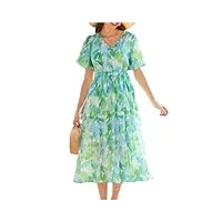 grace karin robe d'été décontractée à motif floral pour femme - robe plissée à manches courtes et col en v - robe midi en mousseline de soie, bleu-vert, s