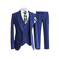 costume 3 pièces slim fit pour homme avec revers cranté et queue d'hirondelle solide (blazer + gilet + pantalon), bleu, xxl