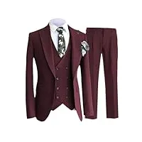 costume 3 pièces slim fit pour homme avec revers cranté et queue d'hirondelle solide (blazer + gilet + pantalon), rouge vin, xxxl