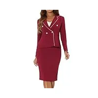allegra k costume d'affaires pour femme 2 pièces tweed trim blazer veste et ensemble de jupe vin rouge xl