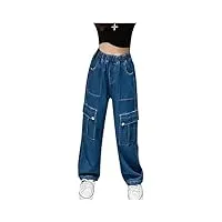 kaerm pantalon cargo fille jogging jean mode avec multi-poches taille Élastique 3-16 ans bleu 11-12 ans
