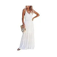 awemeal robe d'été longue sexy pour femme - col en v - robe d'été élégante - taille haute - robe de soirée - couleur unie - robe maxi fluide - robe de plage, blanc., l