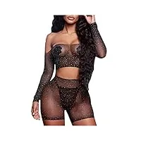 sexy mesh dentelle femmes sheer rhinestone top shorts ensemble de lingerie de filet de poisson lingerie cuir (black, one size)