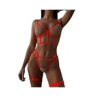 femmes sexy transparent lingerie dentelle maille strappy bretelles lingerie ensemble sous-vêtements lingerie homme cuir (red, m)